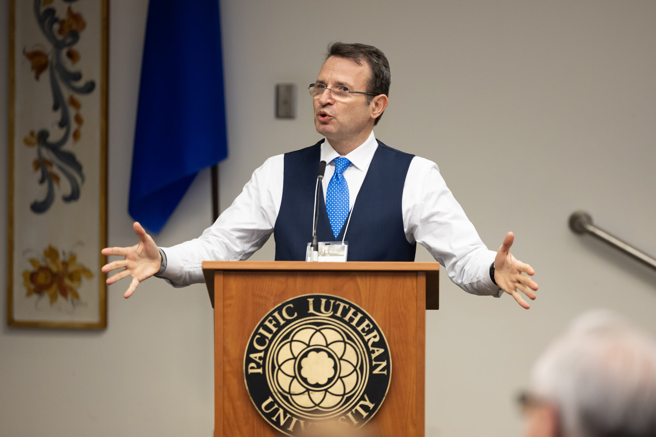 A speaker presents during the 2025 NetVUE regional gathering at Pacific Lutheran University.