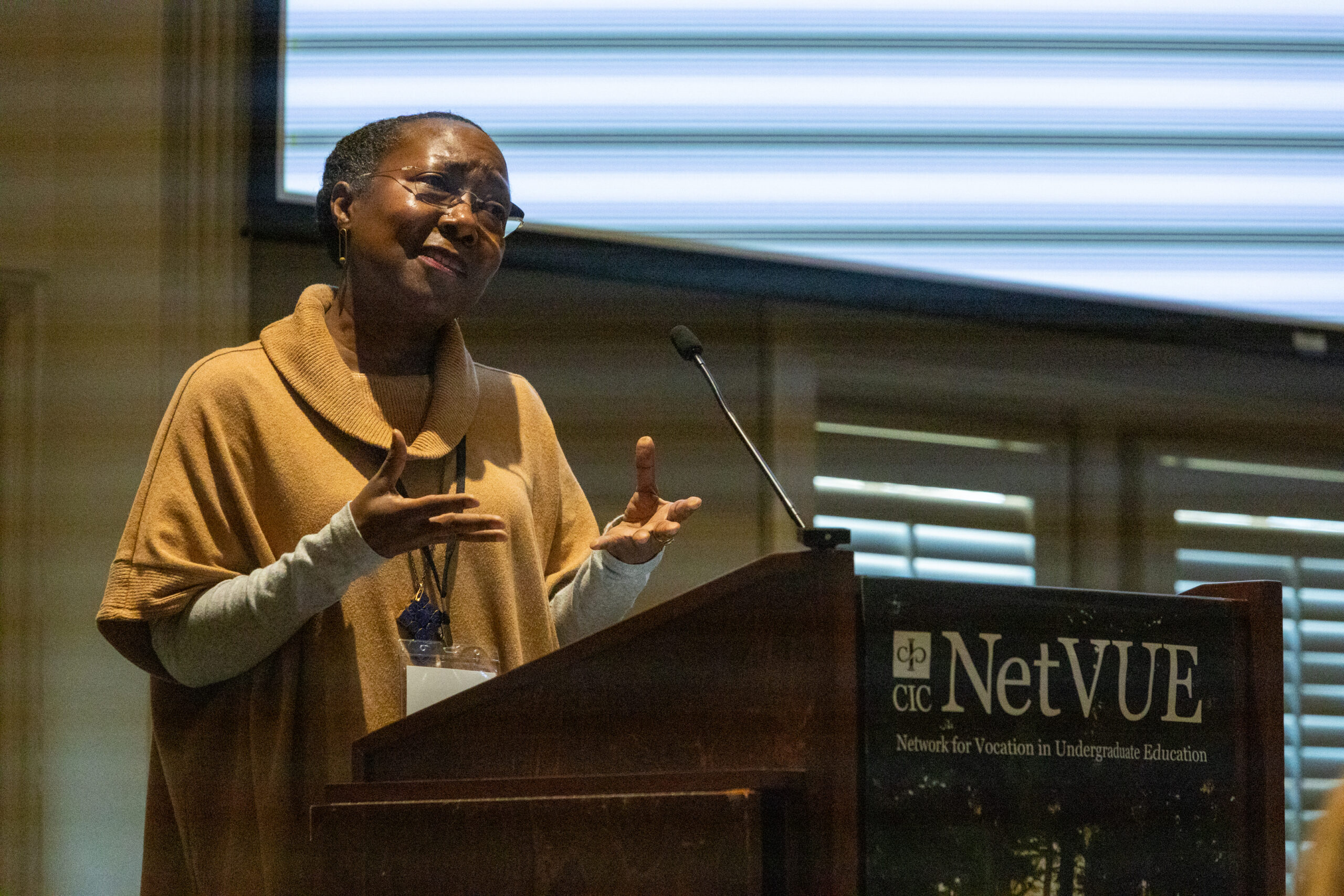 A speaker presents during the 2025 NetVUE regional gathering at Furman University.