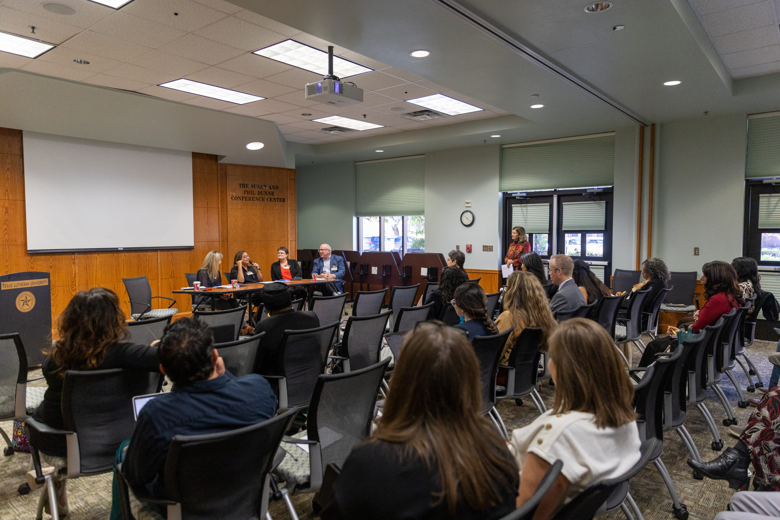 A panel of speakers presents during the 2024 NetVUE regional gathering at Texas Lutheran University.