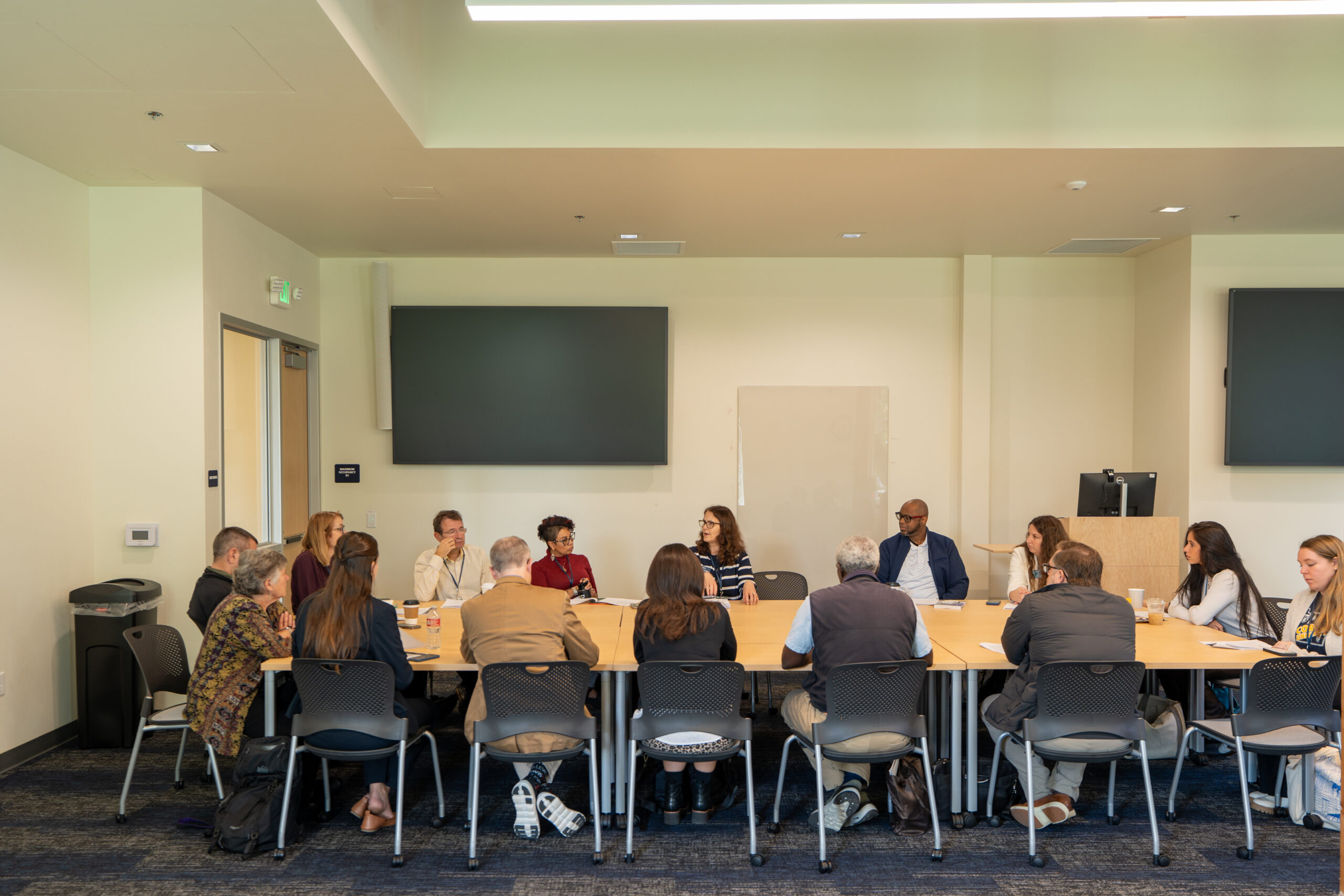 A group of people seated around a large table in discussion.